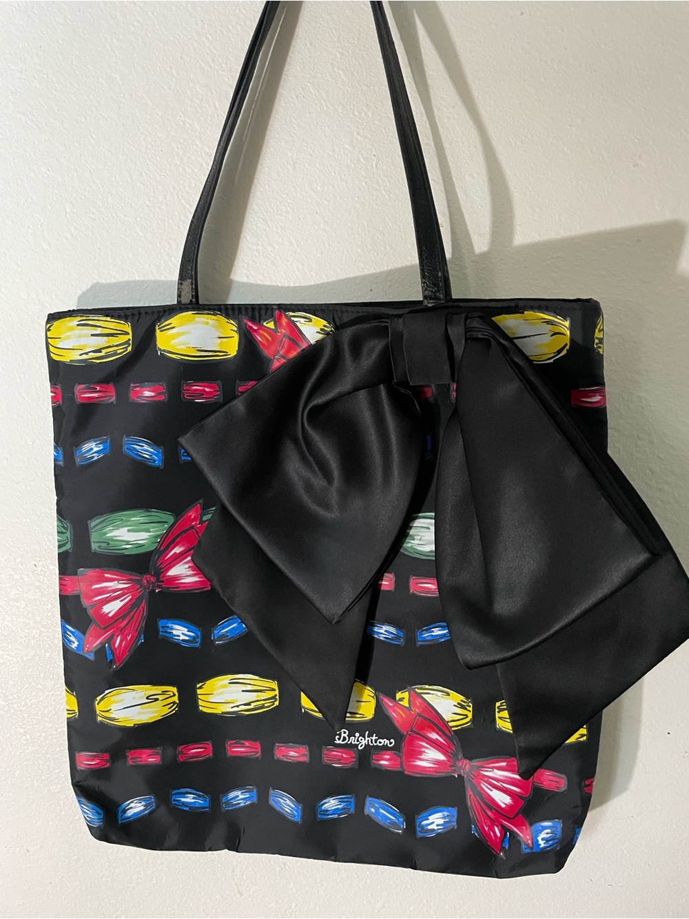 Brighton Black Tote with Large Black Bow and Multicolor Gem Print